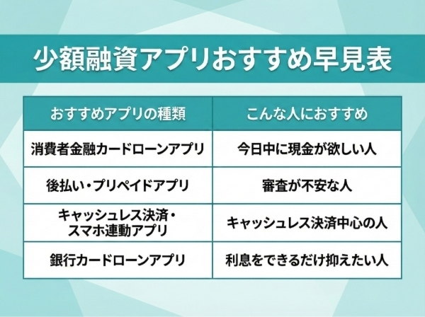 【結論】少額融資アプリおすすめ早見表